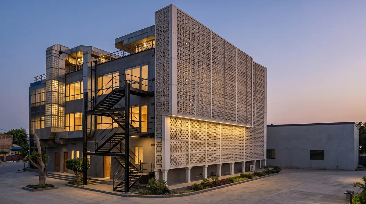 Aviation Institute of Engineering & Technology — A patterned screen across a contemporary glazed building.