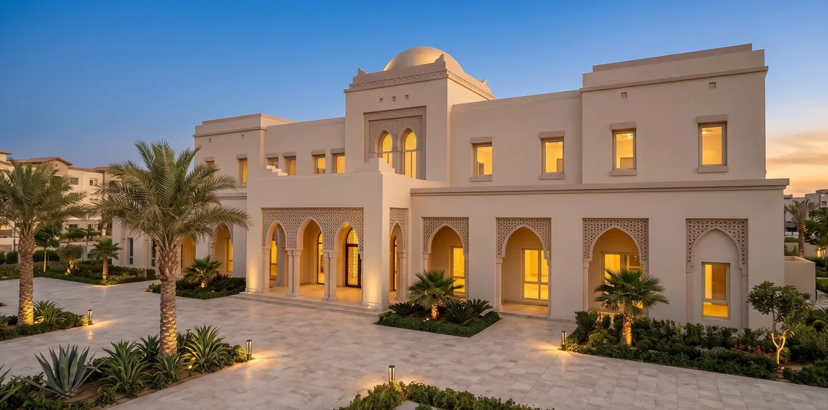 Emaar Mivida Clubhouse — Arched entrances, cornices and a dome within the clubhouse facade.