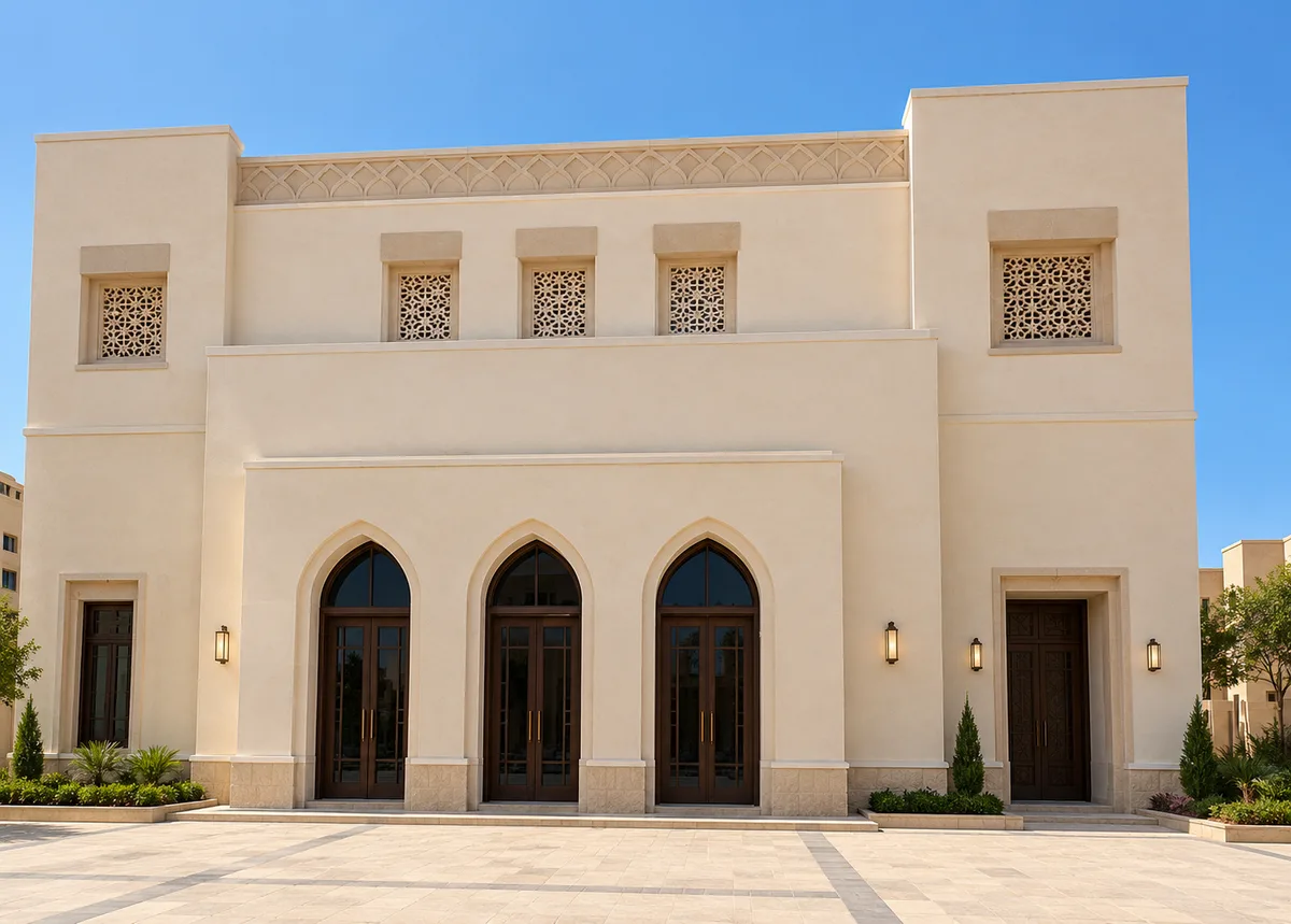 Emaar Mivida Mosque — Pointed entrance arches and patterned screens within a pale mosque facade.