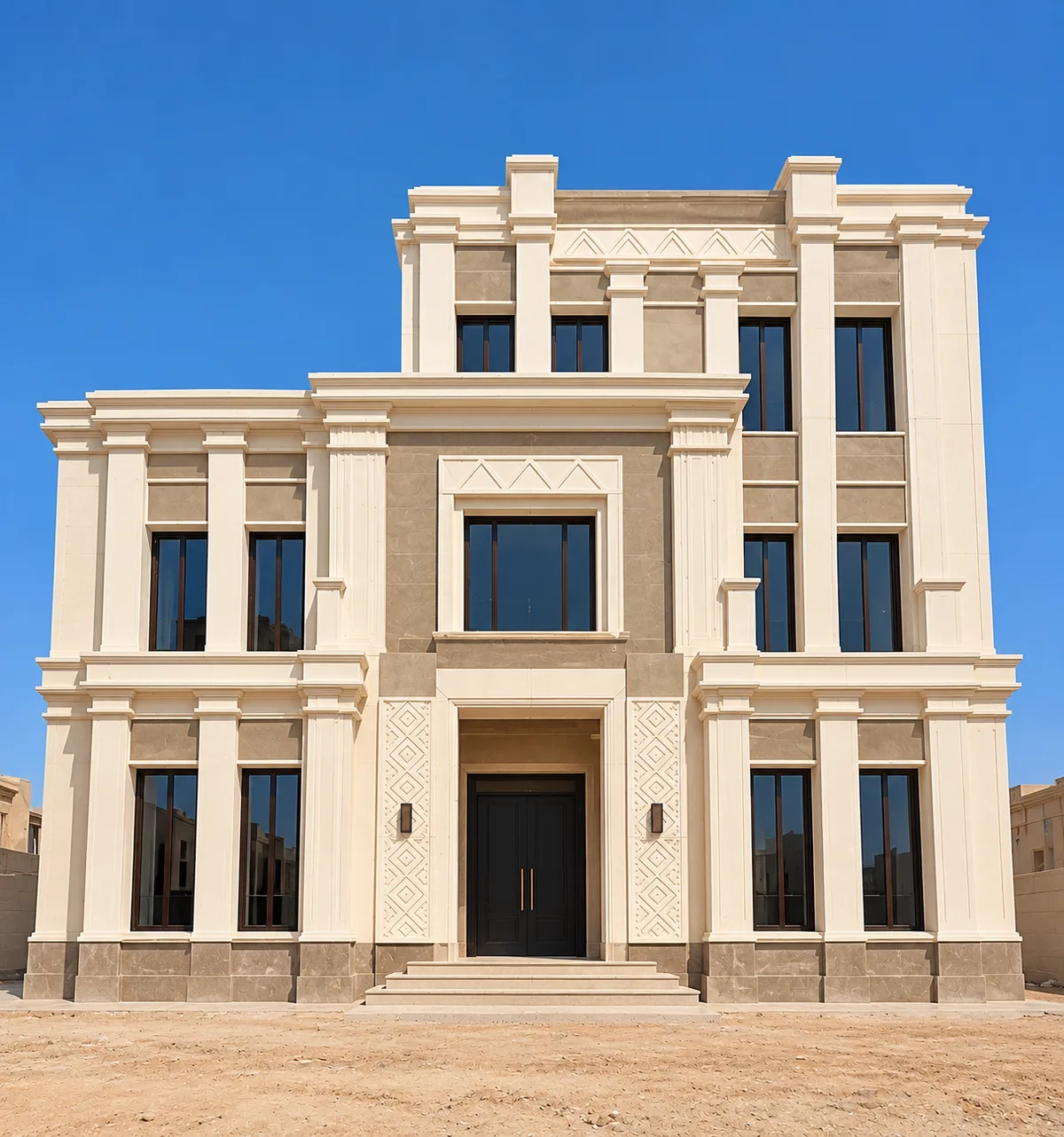 New Capital R5 Villas — Villa facades with tall framed openings, columns and layered cornices.
