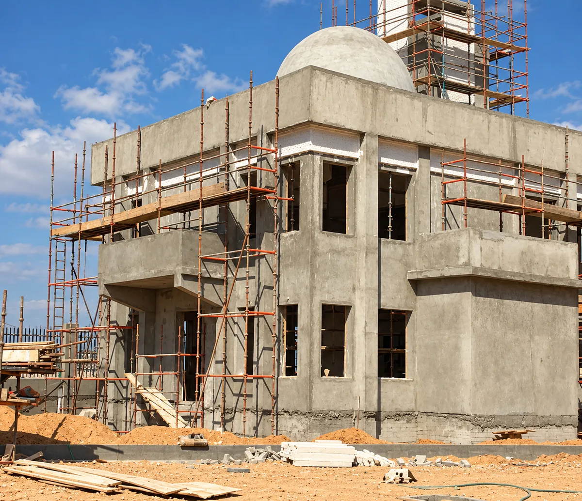 10th of Ramadan Hospital Mosque — A mosque with a central dome and framed facade openings.